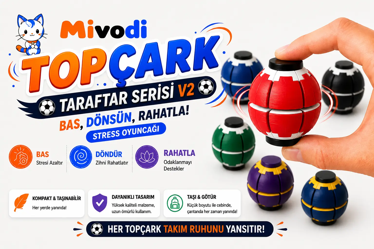 Topcark V2 Yatay Kırmızı Beyaz Mivodi Topçark V2 — Bas, Dönsün, Rahatla! Stress Oyuncağı - Görsel 1